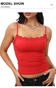 Detail shot of a vibrant red lace-trimmed slim-fit camisole worn by a female model.