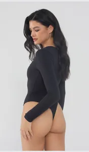 Detailed side view of a black long-sleeve square neck bodysuit showing slimming fit