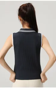 Back view of a grey sleeveless ribbed tennis polo top with white trim