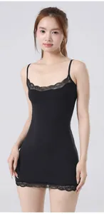 Sexy slim fit black camisole mini dress with delicate lace trim detailing