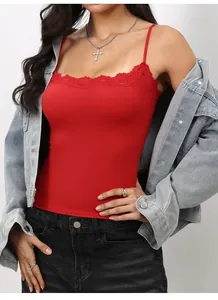 Close-up of red slim-fit camisole with delicate lace trim on the neckline