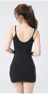 Back view of a high-stretch black camisole slip dress with delicate lace trim at hem