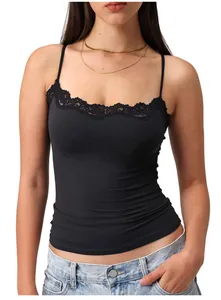 Close-up detail of women's black slim-fit camisole with elegant lace trim