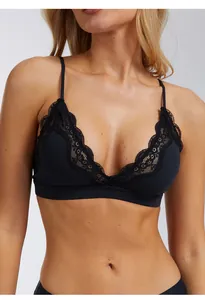 Detailed view of the delicate black lace edging on a soft wireless triangle bralette.