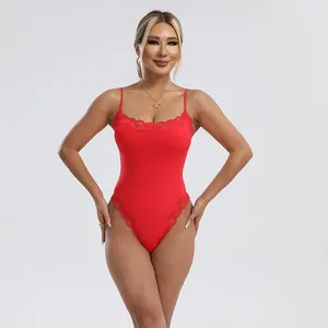 Red lace trim bodysuit featuring double straps and breathable slim fit design.