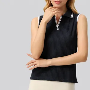 Women's Seamless Yoga Tennis Sleeveless Polo Top Ribbed V-Neck Sports Vest Nylon Spandex Breathable Athletic Running Gym Top