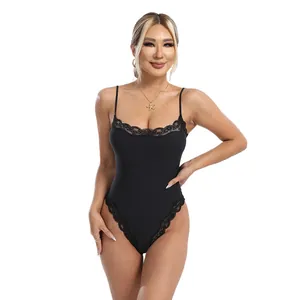 Seamless black lace trim bodysuit with double spaghetti straps for shaping