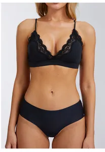 Close-up of a sexy black lace wireless bralette and matching panties on a model