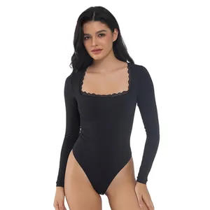 Sexy black square neck bodysuit with elegant lace trim and slim fit long sleeves