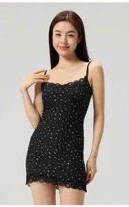 Elegant black floral lace trim camisole mini dress for women with adjustable straps