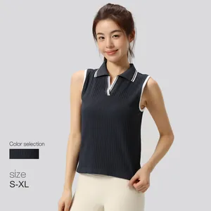 Women's professional sleeveless seamless yoga tennis polo shirt in navy blue ribbed knit