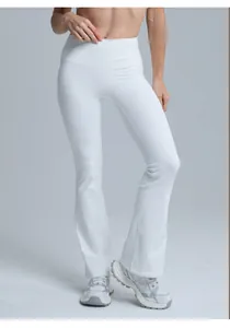 Detailed visual of women's white high-waisted micro-flare yoga pants for fitness