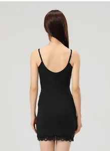 Detailed back view of black slim-fit camisole dress with adjustable straps and lace hem