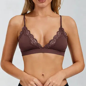 Detail view of brown sexy lace wire-free bra showing the delicate floral embroidery