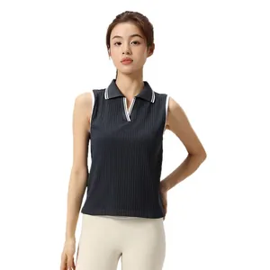 Seamless sleeveless polo collar sports top for women in dark gray for yoga and tennis