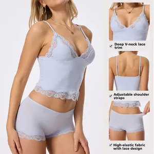 Women Sexy Lace Lingerie Set V-Neck Camisole Top And Bottom Set Lace Trim Bralette And Shorts Two Piece Sleepwear Set