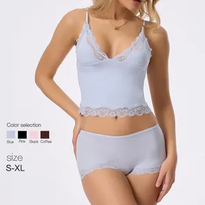 Sexy light blue lace lingerie set with camisole and boyshorts for women size S-XL.
