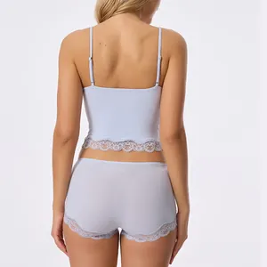 Elegant light blue lace trim camisole and matching boxer panties lingerie set back view