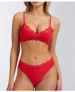 Détail d'un ensemble de lingerie rouge en dentelle sexy avec soutien-gorge push-up et culotte