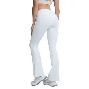 High waisted white flared yoga pants for women, peach butt lifting workout leggings