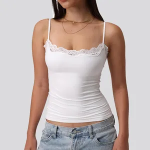 Elegant white slim fit camisole with delicate lace trim neckline for women summer wear