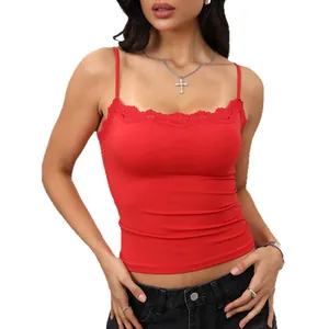 Sexy red slim fit lace trim camisole for women with square neck and thin straps