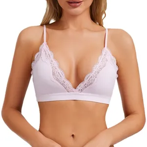 Elegant light pink lace bralette with wireless soft cups and breathable fabric
