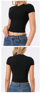 Detail view showing front and back of a black slim-fit yoga short sleeve top.