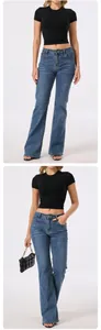 Detailed view of women's black slim-fit crop top paired with stylish blue flared jeans.