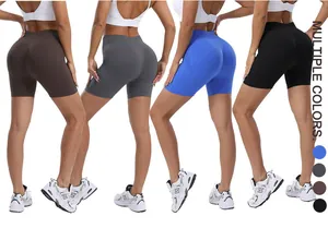 Detailansicht der nahtlosen High-Waist-Yogashorts in Braun, Grau, Blau und Schwarz.