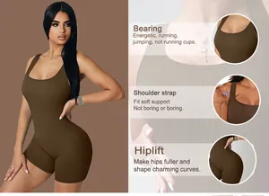 Close-up of brown ribbed yoga bodysuit showing shoulder strap and hip-lift details.