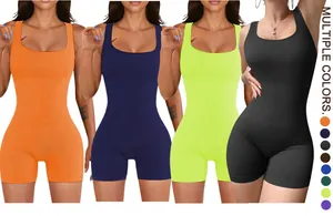 Slim fit ribbed athletic yoga romper for women in multiple colors with scoop neck