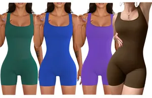 Great selection of ribbed sleeveless yoga bodysuits in teal, blue, purple, and brown