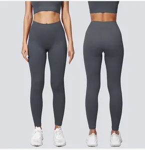 Detailansicht der grauen, nahtlosen Yoga-Leggings mit hohem Bund von vorne und hinten