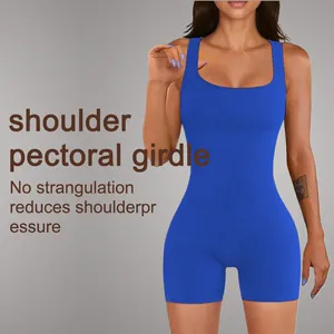 One-piece slim fit quick-dry blue yoga jumpsuit for women with ribbed texture and U-neck
