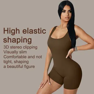 Professional brown ribbed yoga jumpsuit for women, high elastic slim fit bodysuit