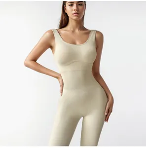 Detailed view of the ribbed U-neck sleeveless yoga bodysuit in a soft cream color finish