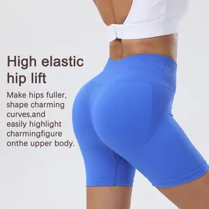 Hoch taillierte blaue Yoga-Shorts für Damen mit Push-up-Effekt