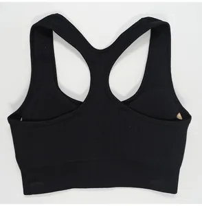 Close-up back view of a black ribbed sports bra featuring a seamless racerback design