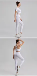 Side and back detail views of white ribbed yoga set featuring shaping fit leggings