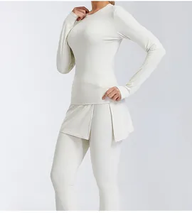 White long sleeve yoga set with skirted high waist flare pants for women's fitness
