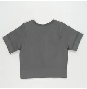 Detailed back view of a grey ribbed short sleeve yoga crop top with seamless design.