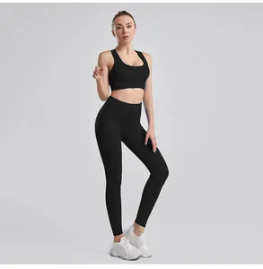 Full-body view of ribbed sports set with drawstring waist and zip-up bra.