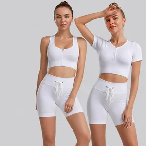 Women Ribbed Yoga Top And Bottom Slim Fit Front Zipper Sports Bra Short Sleeve Crop Top Drawstring Lifting Shorts Set