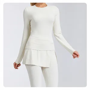 Professional white long-sleeve yoga set with high-waisted breathable flared pants
