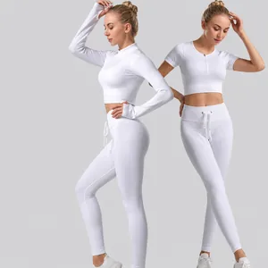 Nylon Spandex Ribbed Yoga Set For Women High Waist Drawstring Butt Lift Top And Bottom Ribbed Seamless Sportswear Set Gym Workout Suit