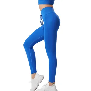 Leggings da yoga a coste blu a vita alta con coulisse ed effetto push-up glutei