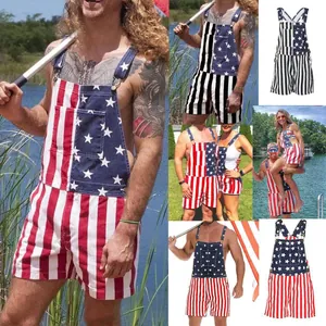 Detailed views of US flag print overalls for men and women in various outdoor settings