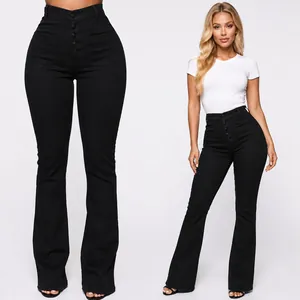 Close-up and full view of black high-waisted flared jeans with button fly and pockets
