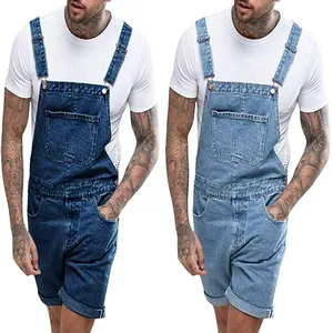 Men's Retro Distressed Denim Overalls Shorts Jumpsuit Vintage Ripped Cotton Workwear Dungarees With Adjustable Straps Pockets Fashion